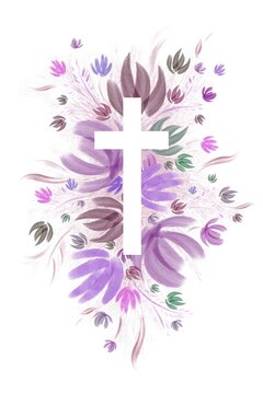 Watercolor Easter cross clipart. Floral crosses, floral frames, banner, very peri Flowe hand drawn illustration, invitation design 