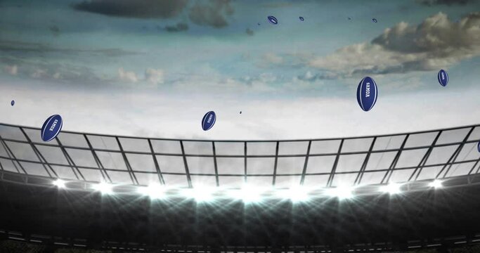 Animation of blue rugby balls with samoa text at stadium