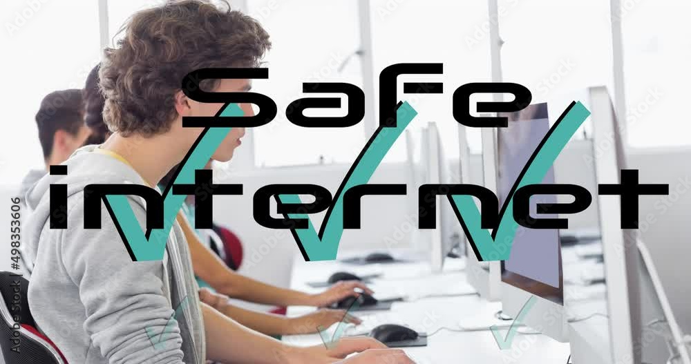 Poster animation of safety internet text over diverse people using computers