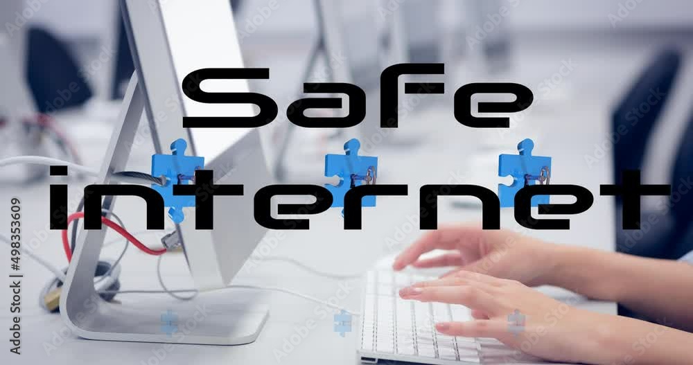 Aufkleber animation of safe internet text over hands of caucasian woman using computer