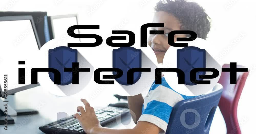Aufkleber animation of safety internet text over biracial boy using computer