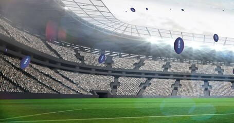 Animation of blue rugby balls with france text at stadium - Powered by Adobe