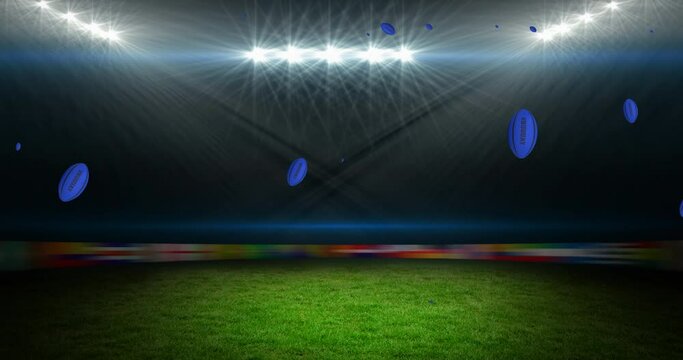 Animation of blue rugby balls with uruguay text at stadium
