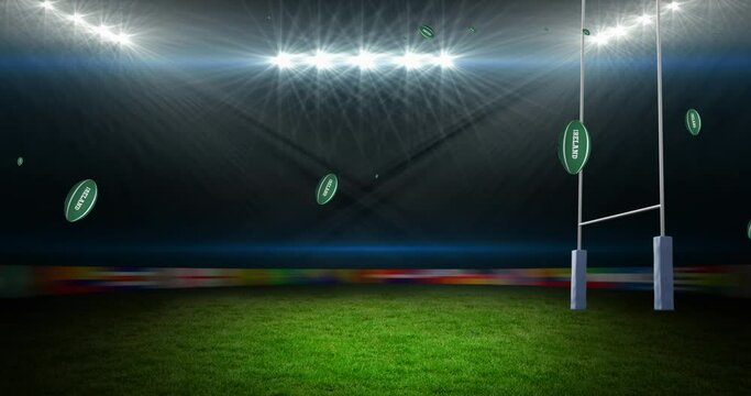 Animation of green rugby balls with ireland text at stadium