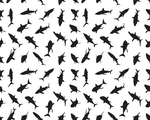 Black silhouettes of sharks on white background, seamless illustration 