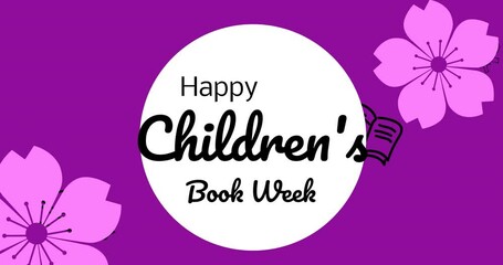 Animation of happy children's book week text over white circle on purple background