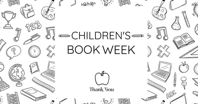 Animation of children book week text over school items on white background