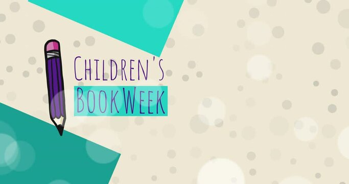 Animation of children's book week text over spots on beige background