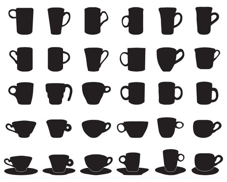 Black silhouettes of coffee and tea cups on a white background