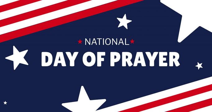 Animation of national day of prayer text with american flag over blue background