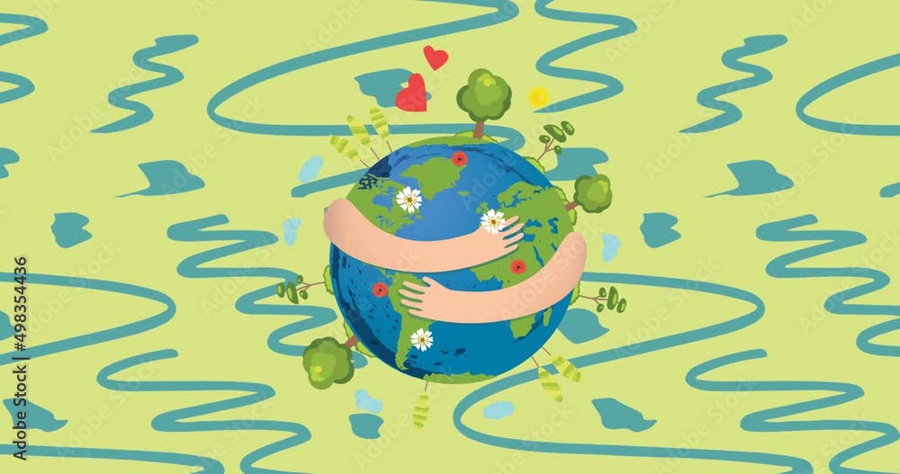 Poster animation of arms wrapped around globe and trees on green background