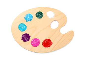 Wooden artist's palette with samples of paints isolated on white, top view