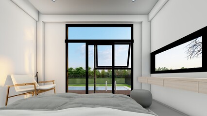 large window and chair at bedroom 3d illustration