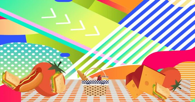 Animation of picnic baskets on gingham tablecloth over abstract pattern background