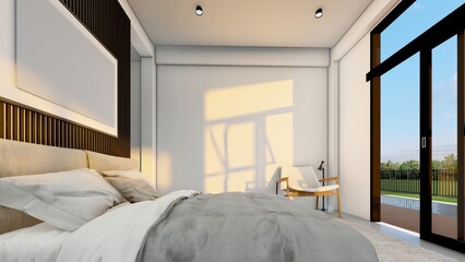 modern bedroom with large stylish bed modern design 3d illustration