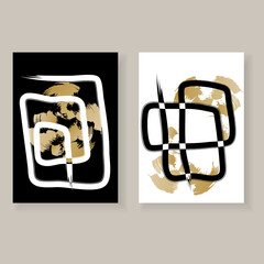 Set of minimalist hand-drawn wall decor posters. Black, white and gold strokes and spots with grunge texture. Creative templates for parties, cards, posters, covers, labels, home decor.