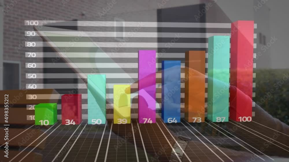 Poster animation of statistics processing over man using tablet with green screen and houses