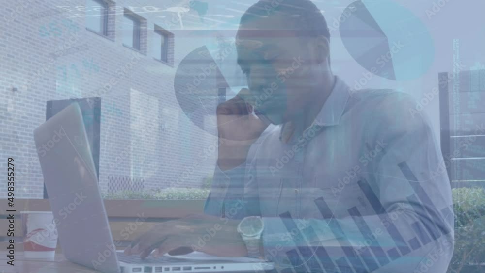 Poster animation of statistics processing over businessman using smartphone and laptop with houses