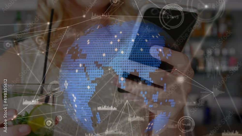 Poster animation of globe and data processing over caucasian businesswoman using smartphone