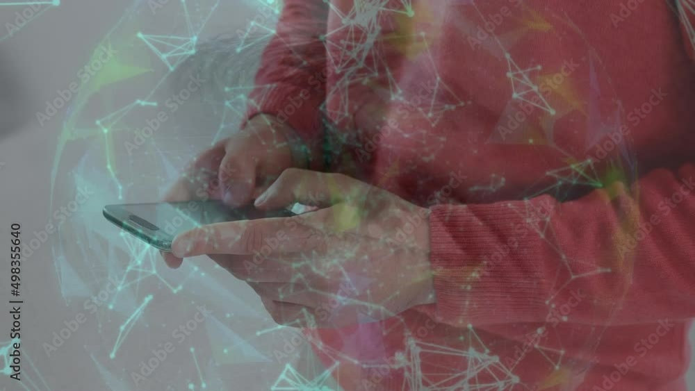 Poster animation of moving shapes over caucasian businessman using smartphone