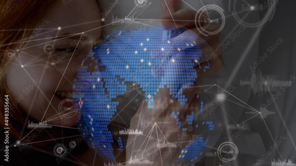 Poster animation of globe and data processing over caucasian businesswoman using smartphone