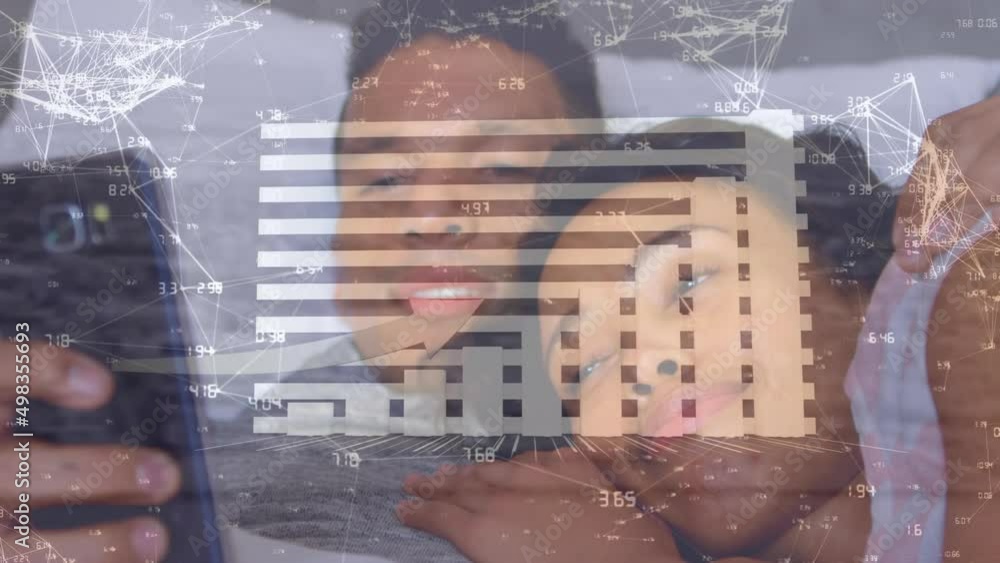 Poster animation of data processing over biracial couple using smartphone