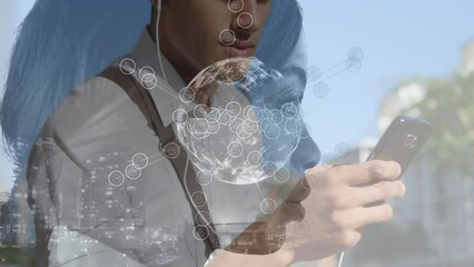 Animation of cityscape and biracial woman over caucasian businessman using smartphone - Powered by Adobe