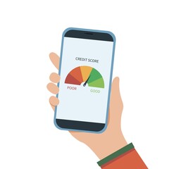 Credit score display phone hand flat vector 