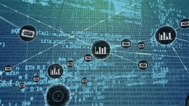 Animation of network of connection with icons over green and blue background with binary code