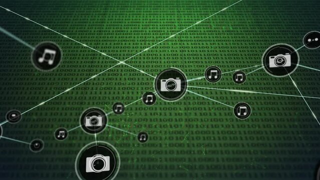 Animation of network of connection with icons over green background with binary code