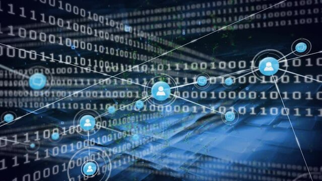 Animation of network of connection with icons blue and black background with binary code