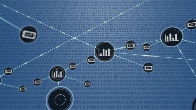 Animation of network of connection with icons over blue background with binary code