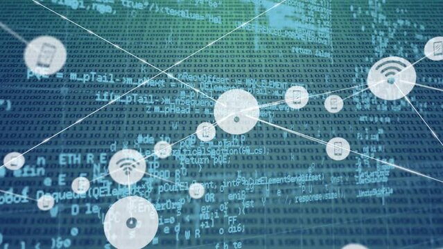 Animation of network of connection with icons over green and blue background with binary code