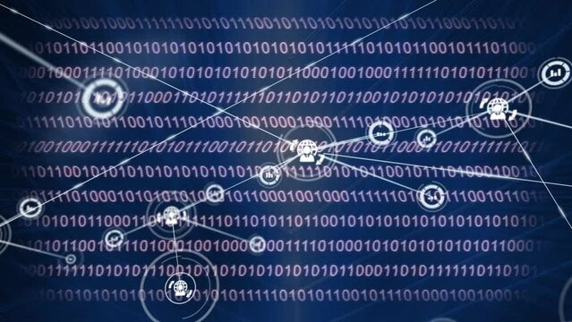 Animation of network of connection with icons over navy background with binary code