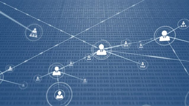 Animation of network of connection with icons over blue background with binary code