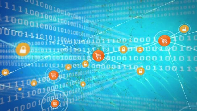 Animation of network of connection with icons over blue background with binary code