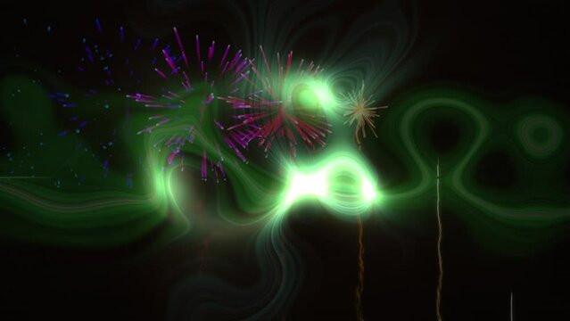 Animation of merry christmas, fireworks and lightning over black background