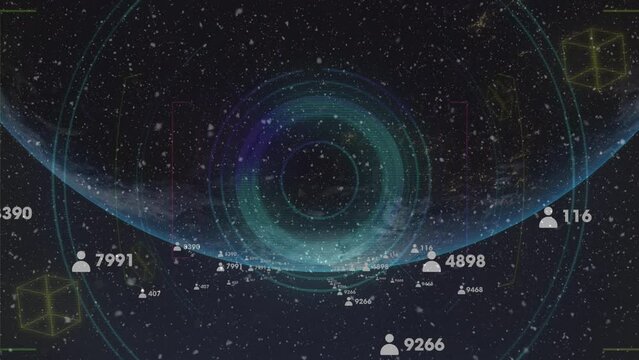 Animation of network of connections with people icons and numbers over globe