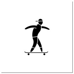 Skateboarding glyph icon. Extreme sport. Skating, performing various stunts on skateboard. Skateboarder staying on board.Athletic competition. Filled flat sign. Isolated silhouette vector illustration