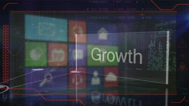 Animation of business, growth, innovation over screen with diverse icons