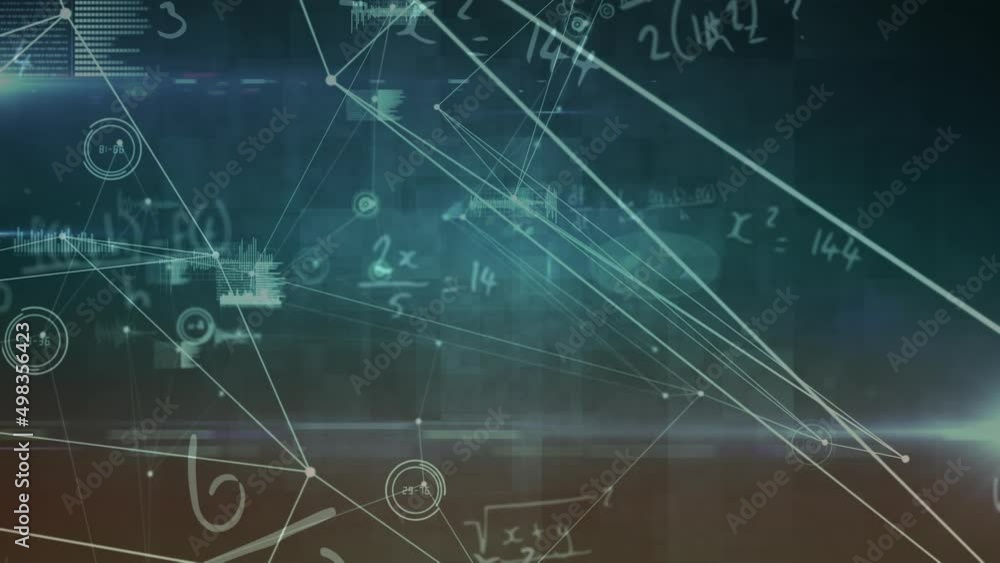 Poster animation of network of connections with equations and data processing