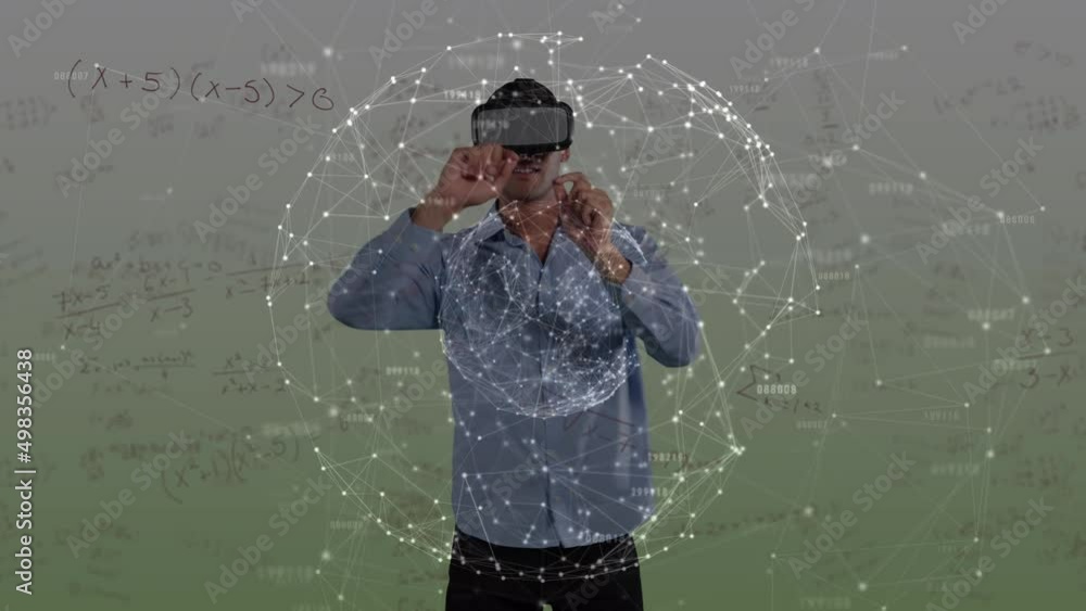 Poster animation of network of connections with mathematical equations over caucasian man with vr headset