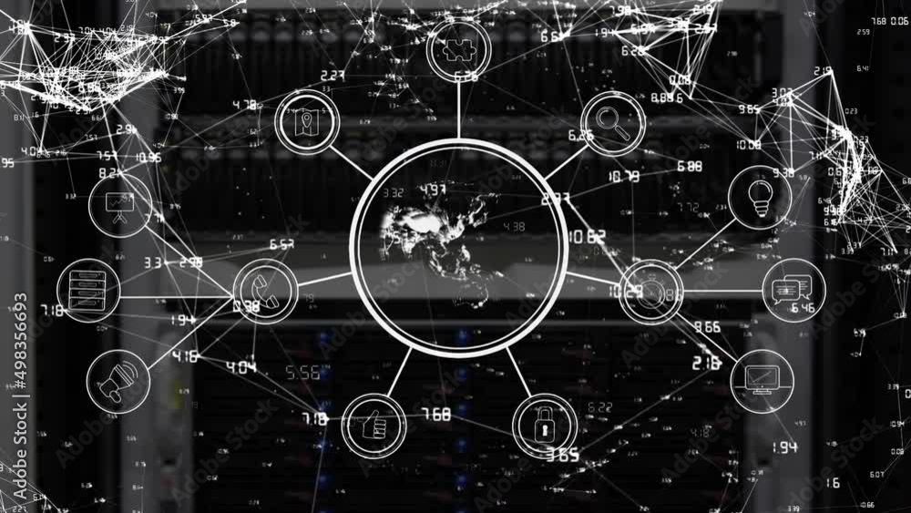 Poster animation of network of connections with numbers and icons over globe