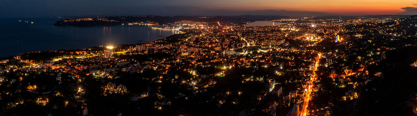 A panoramic aerial view of the city at night. Varna, Bulgaria