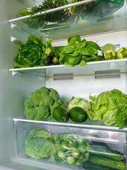 Opened refrigerator full of fresh vegetables.