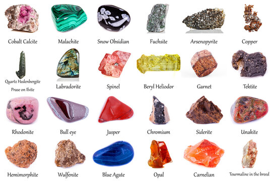 beautiful collection of geological minerals on a white background