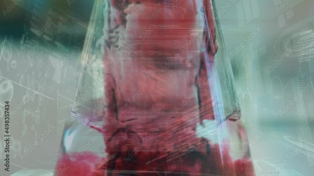 Poster animation of scope scanning and data processing over beaker with liquid
