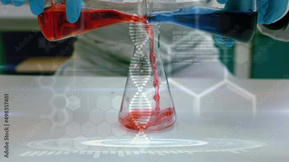 Poster animation of dna strand and data processing over midsection of scientist working in lab