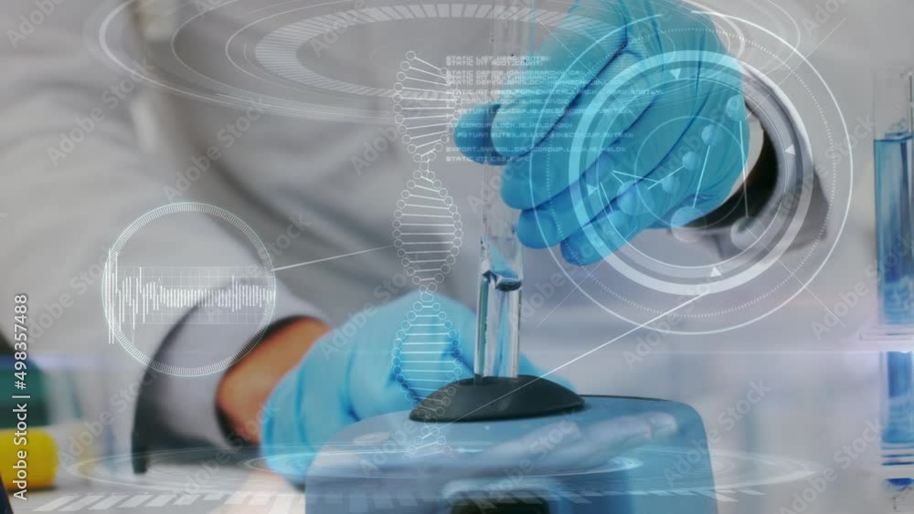 Poster animation of dna strand and data processing over midsection of scientist working in lab
