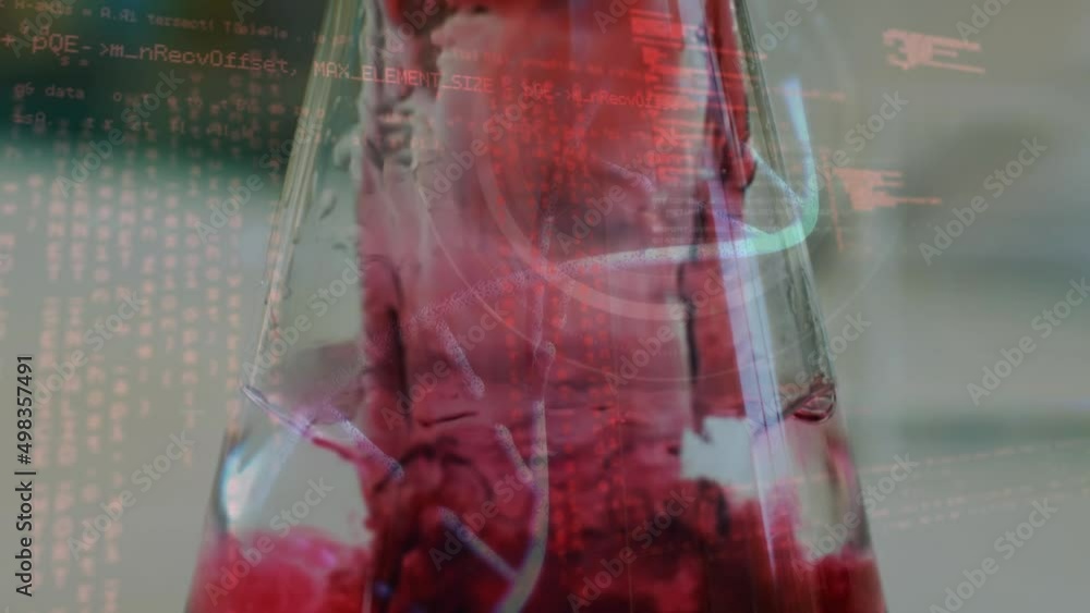 Poster animation of dna strand and data processing over beakers with liquid